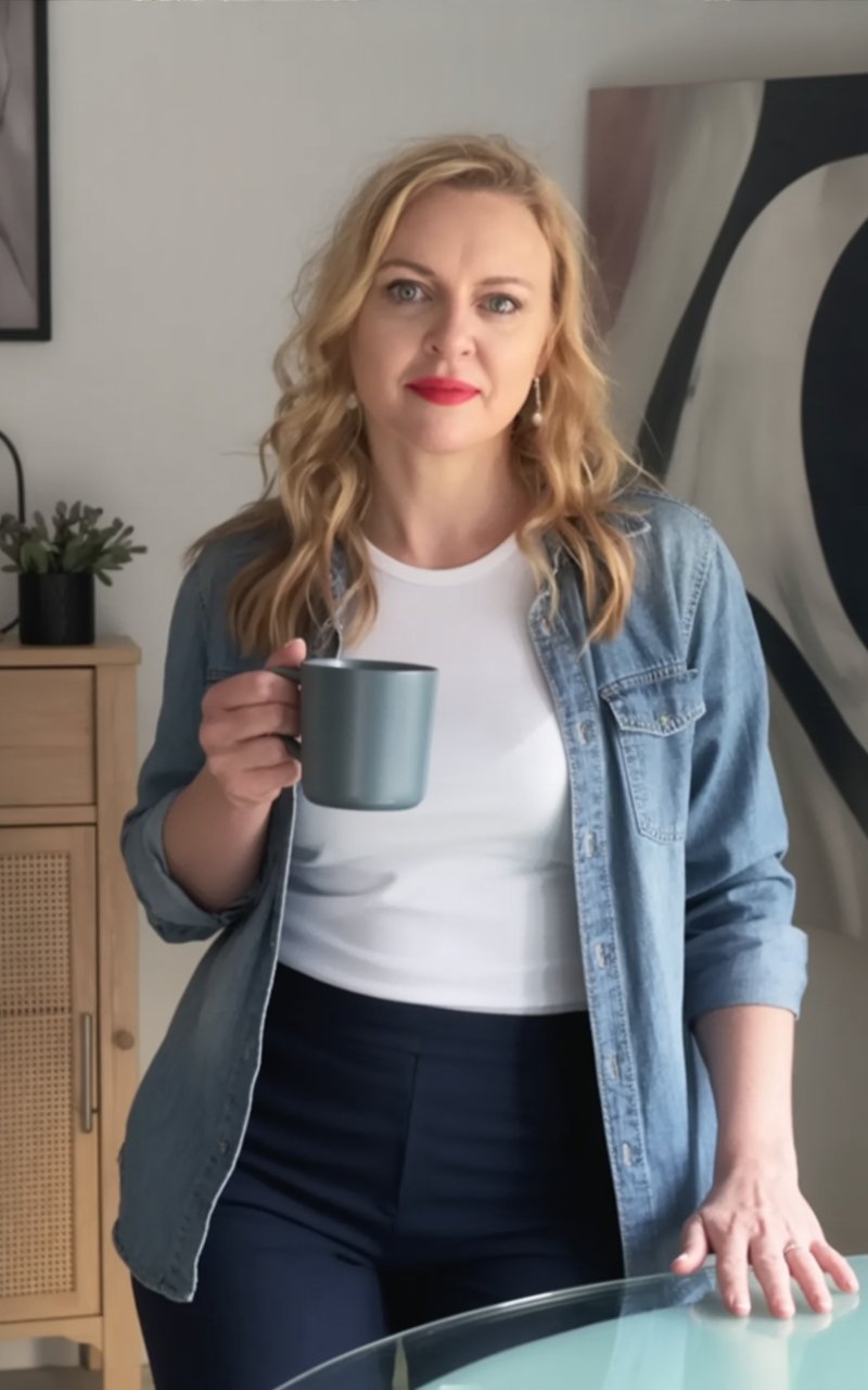 Andrea Florescu in a casual denim shirt, holding a coffee mug — representing a grounded, approachable consulting style