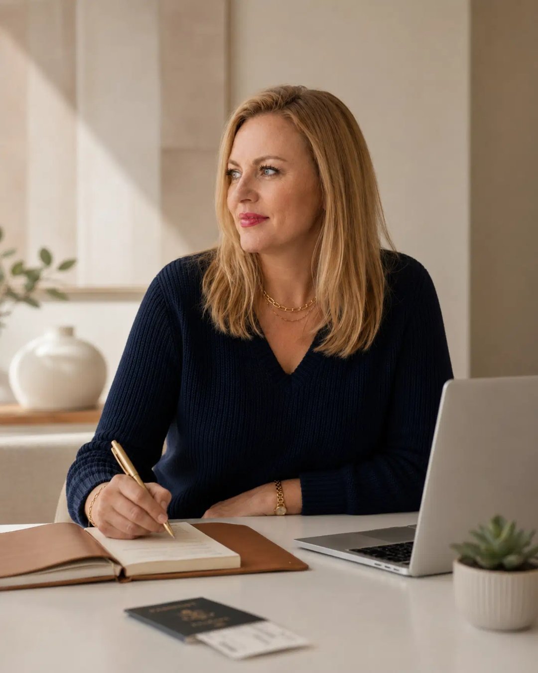 Andrea Florescu writing strategy notes at a desk with a laptop and notebook, illustrating the thoughtful, methodical approach to understanding client personality archetypes
