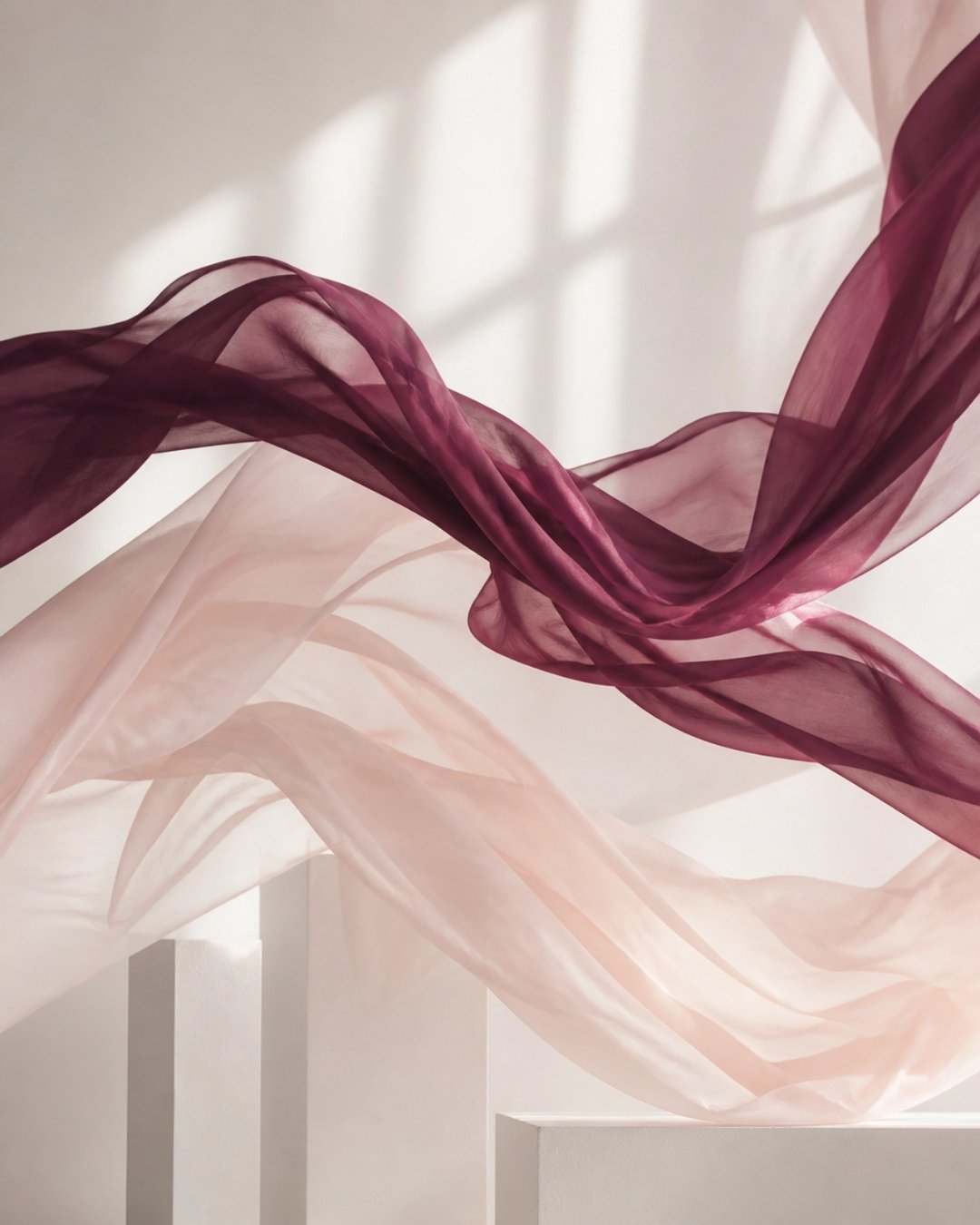 Burgundy and blush organza fabric flowing across a soft, sunlit backdrop — visual metaphor for the execution gap where strategy meets soul in tech stack optimization