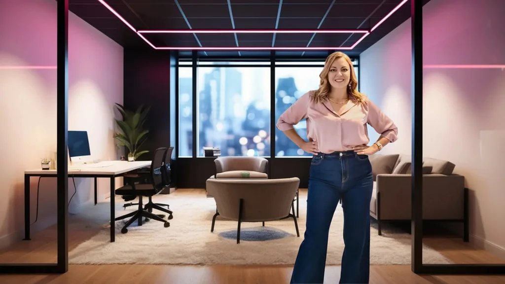 Confident leader in a pink silk blouse standing in a neon-accented executive office, hands on hips, city lights through the window — ready to execute