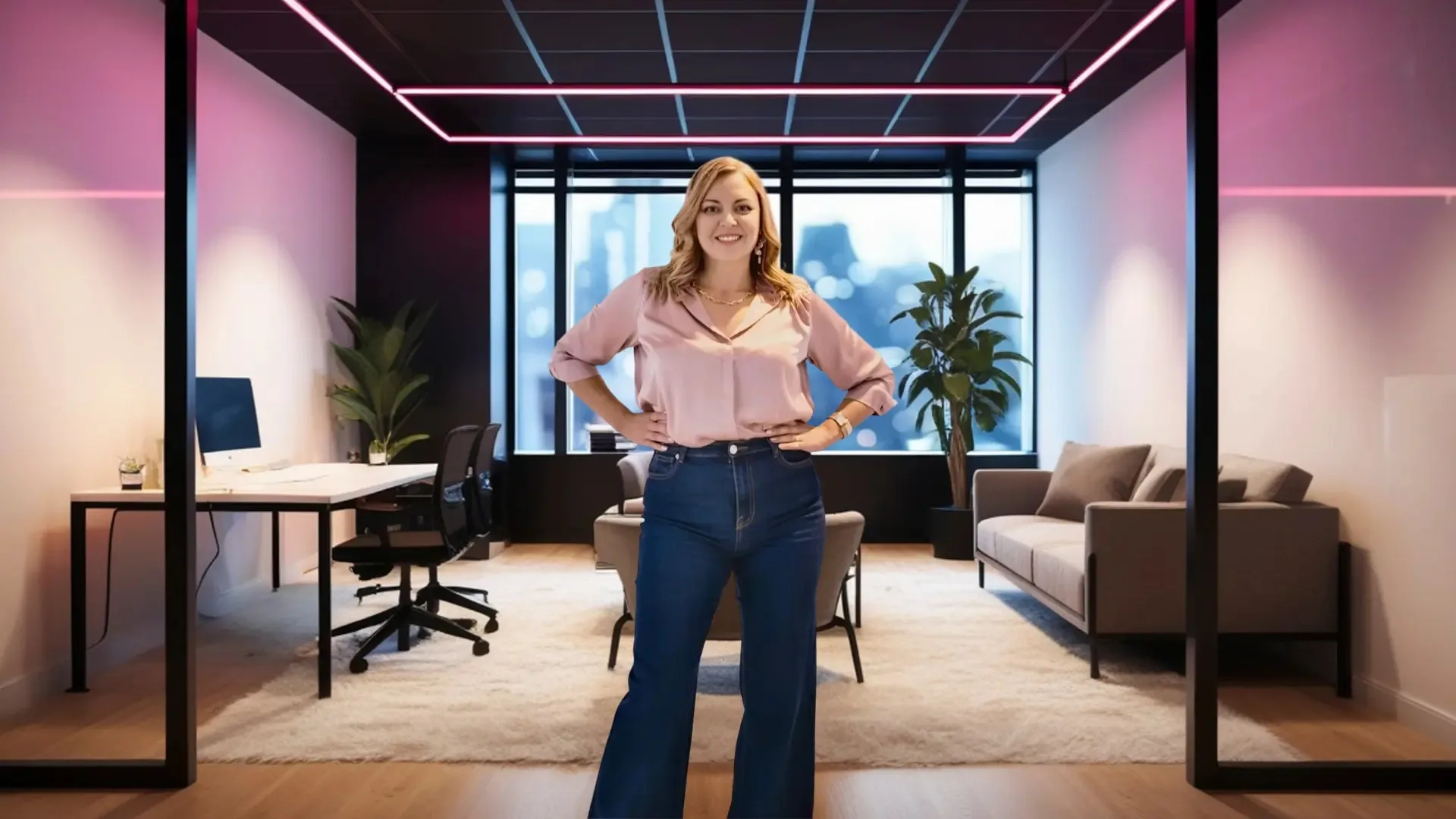 Andrea Florescu standing confidently in a modern, well-lit office, ready to focus on strategy and creative leadership